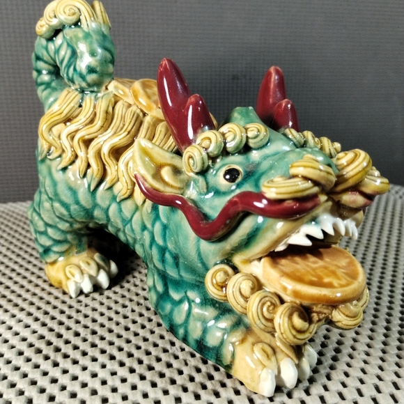 Chinese Traditional WuCai Porcelain Feng Shui kylin Foo Dog Lion Statue - Picture 5 of 12